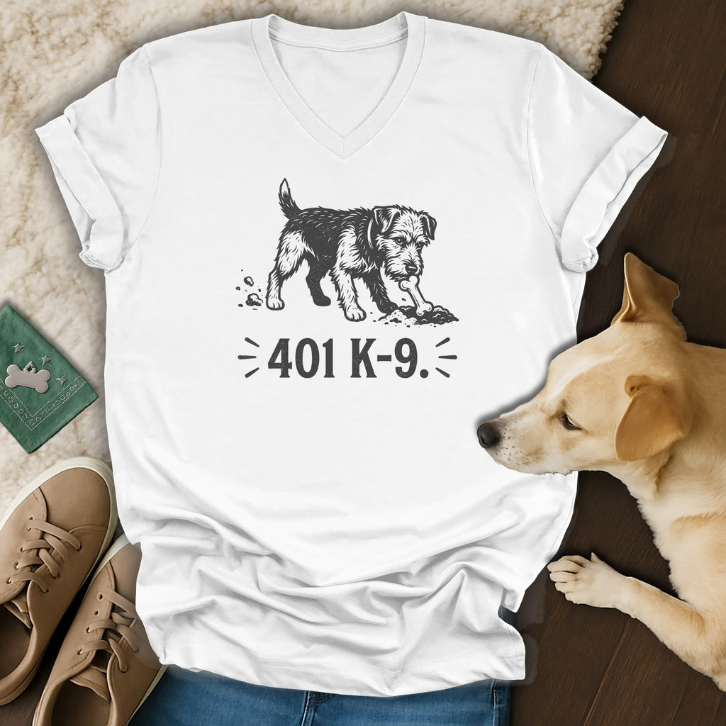 White V-neck t-shirt with a dog digging and the text "401 K-9."