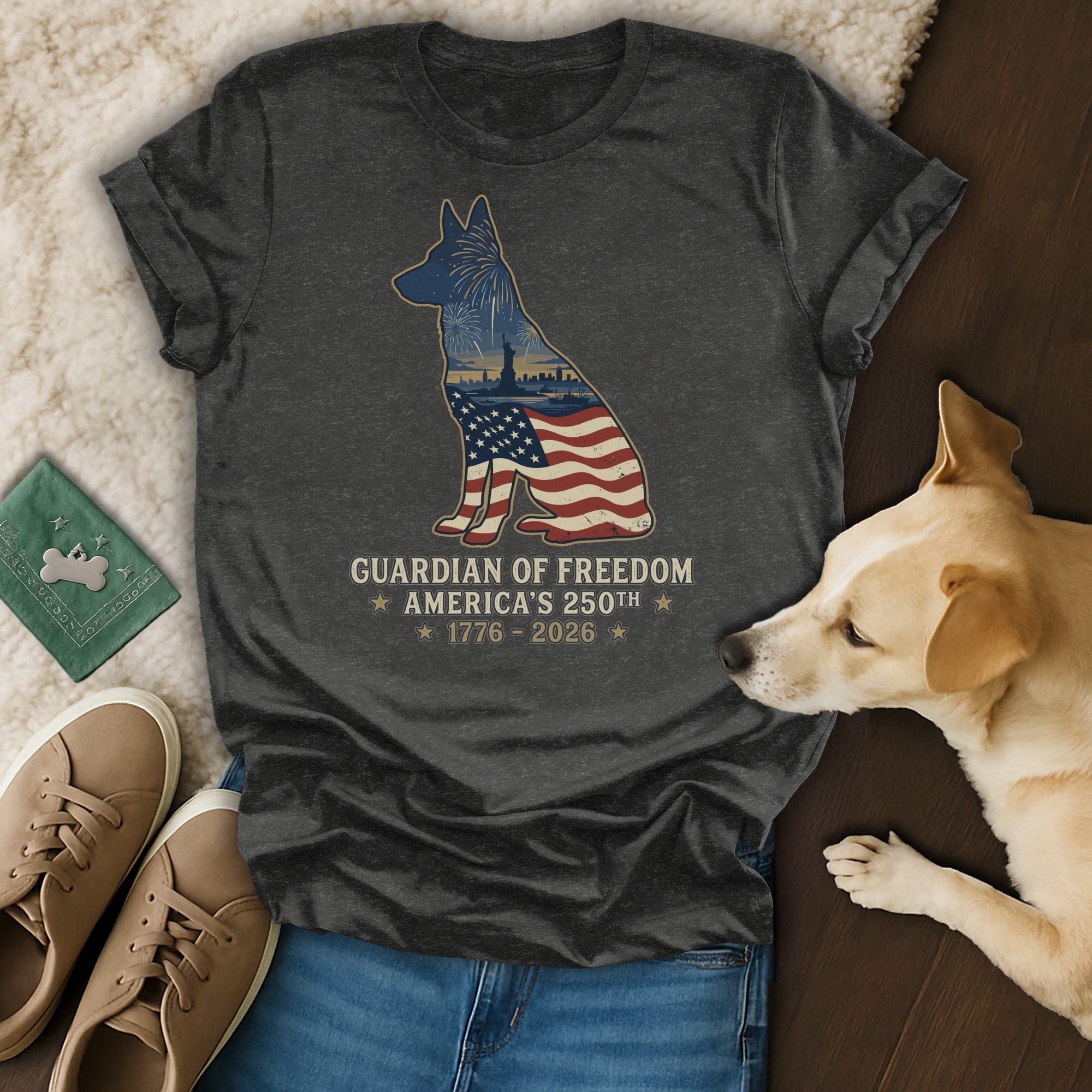 Dark t-shirt with dog silhouette filled with American flag and skyline.