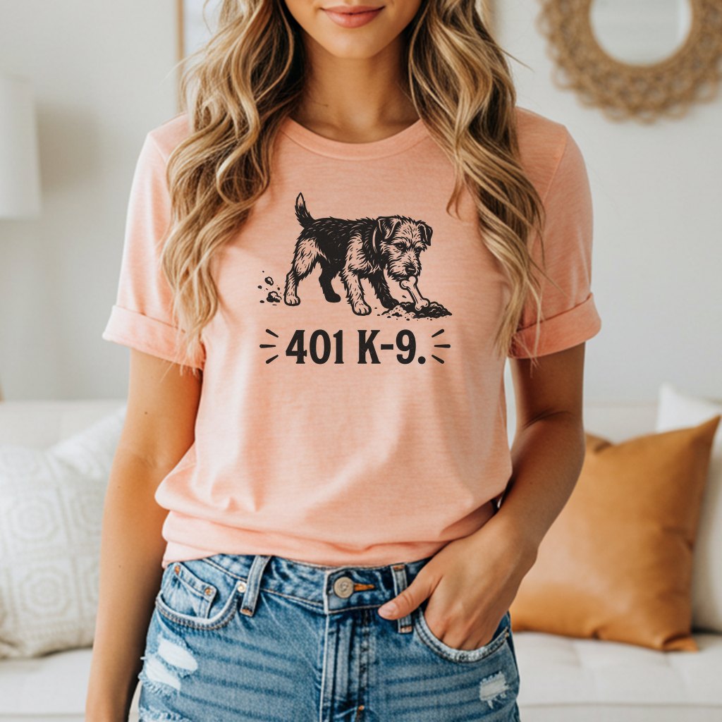 Peach t-shirt with a black graphic of a dog digging and text "401 K-9.".