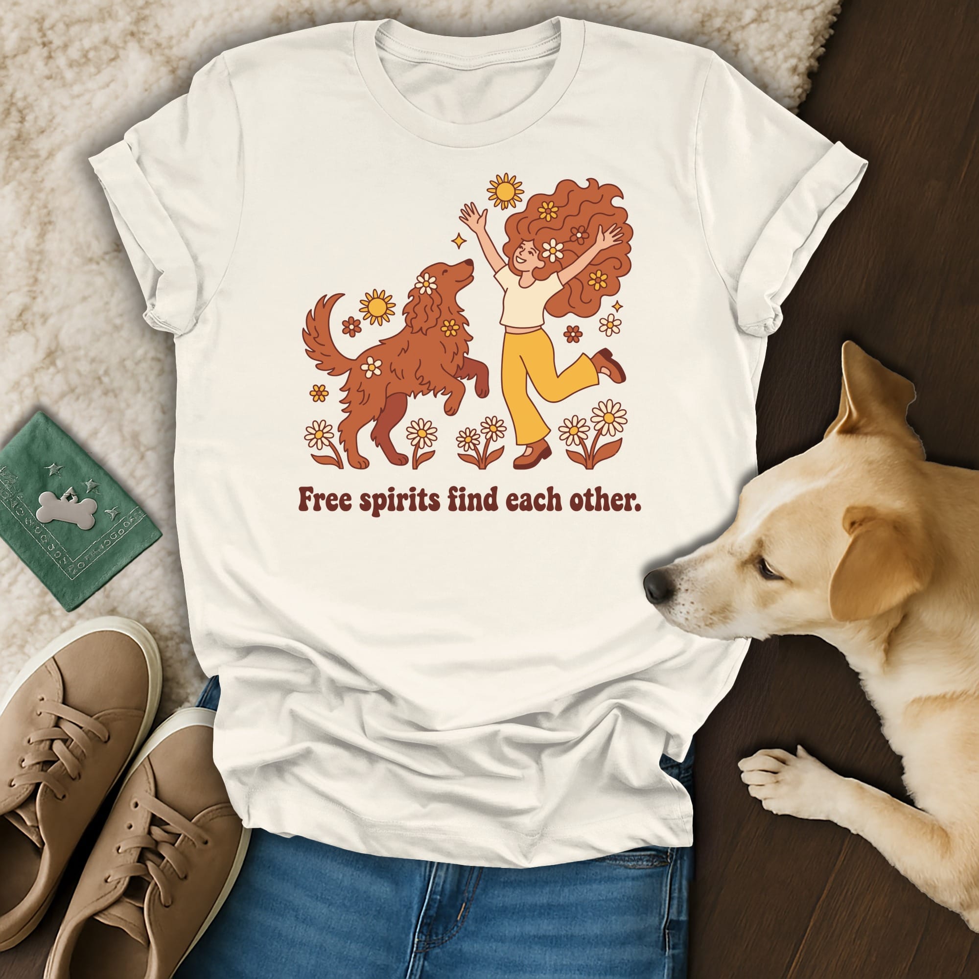 T-shirt with "Free spirits find each other" text, featuring woman and dog illustration.