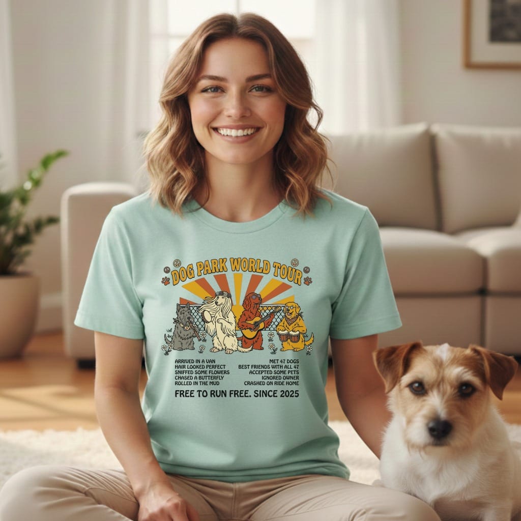 Woman in mint t-shirt with "Dog Park World Tour" text and dog illustrations.