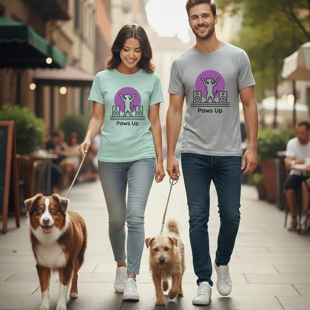 Couple walking two dogs in casual t-shirts with a dancing cat graphic.