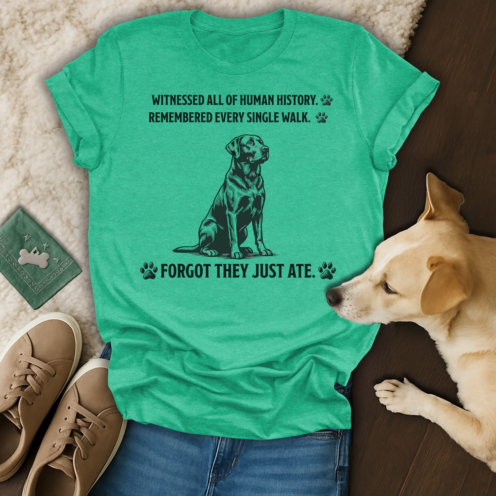 Green t-shirt with text about a dog's memory.
