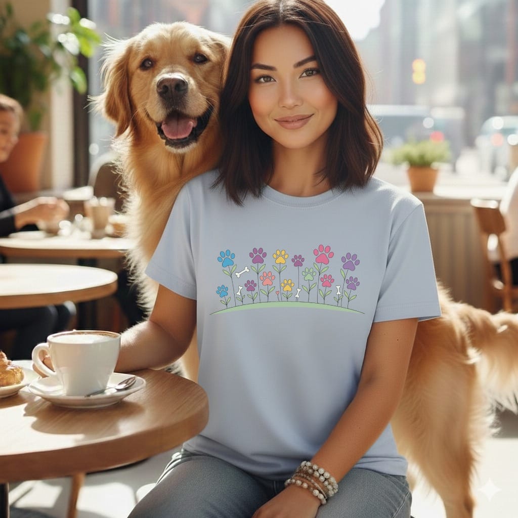 Woman with golden retriever wearing a t-shirt with floral paw prints.