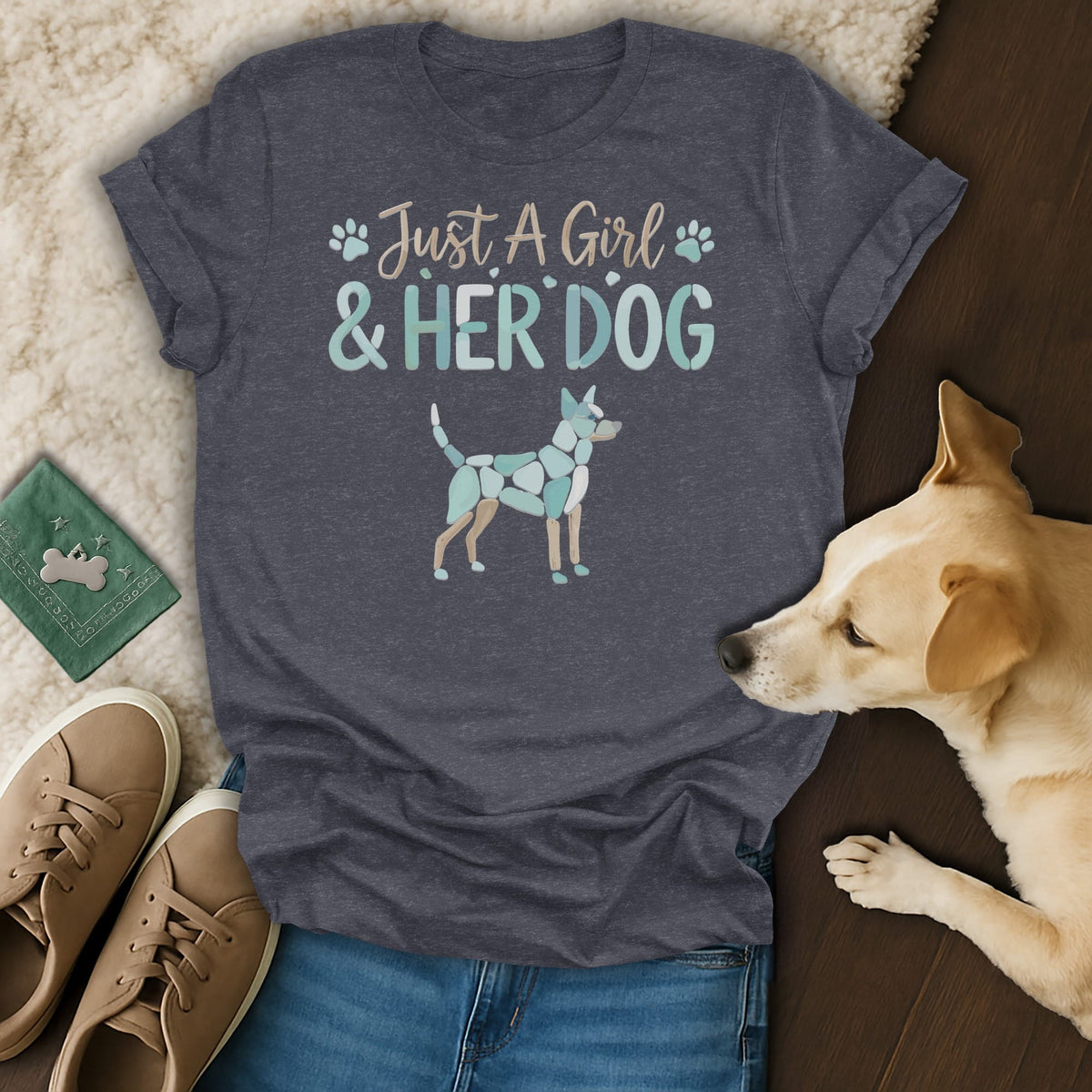 Dark grey t-shirt with "Just A Girl & Her Dog" text and a mosaic dog.