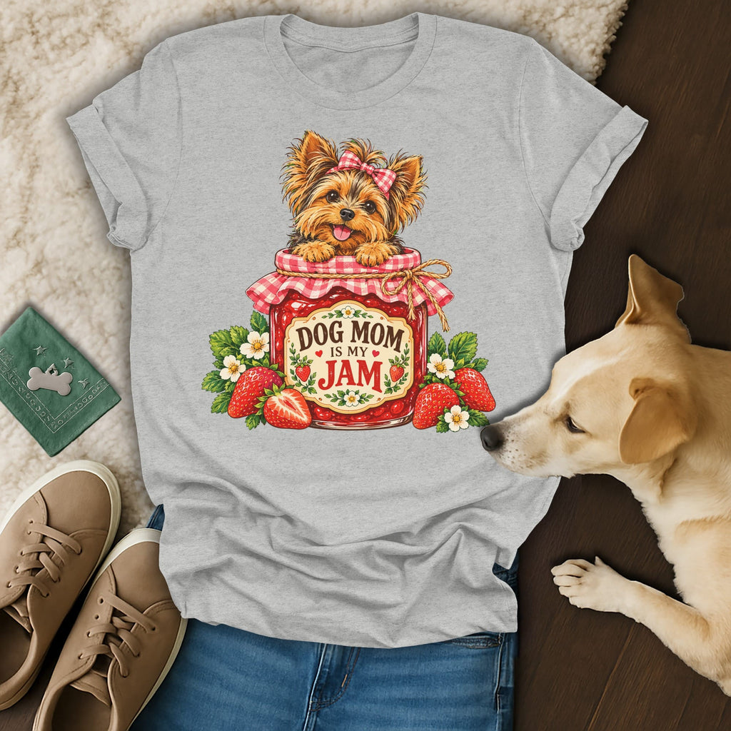 Heather gray t-shirt featuring a Yorkie puppy in a strawberry jam jar with text reading Dog Mom Is My Jam.