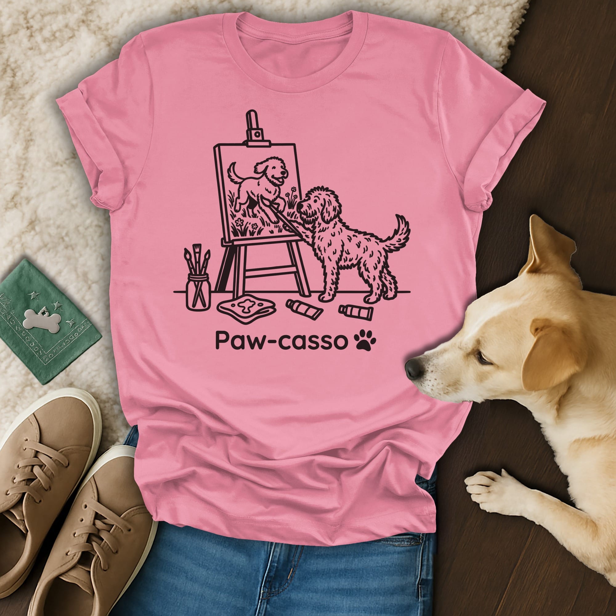 T-shirt with a black line drawing of a dog painting a playful puppy.