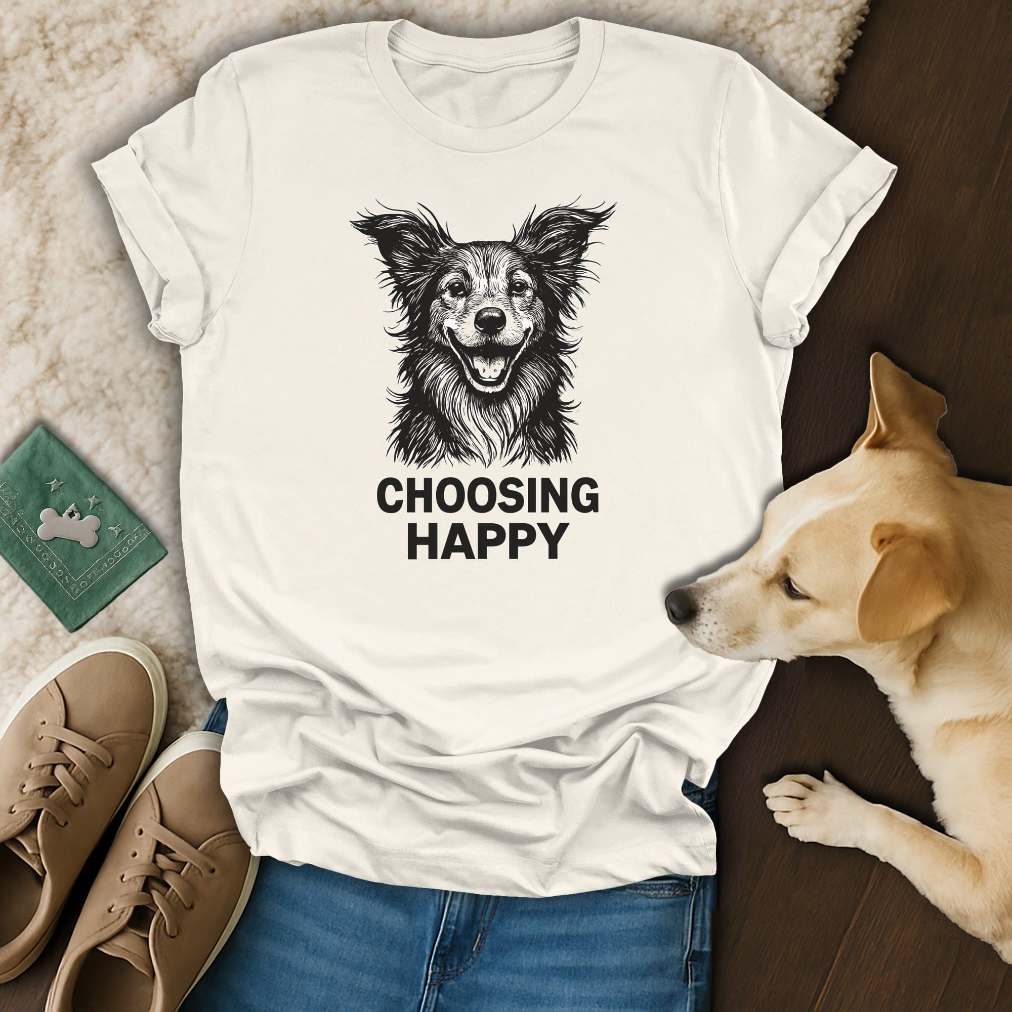 Choosing Happy Graphic Tee with Dog Illustration