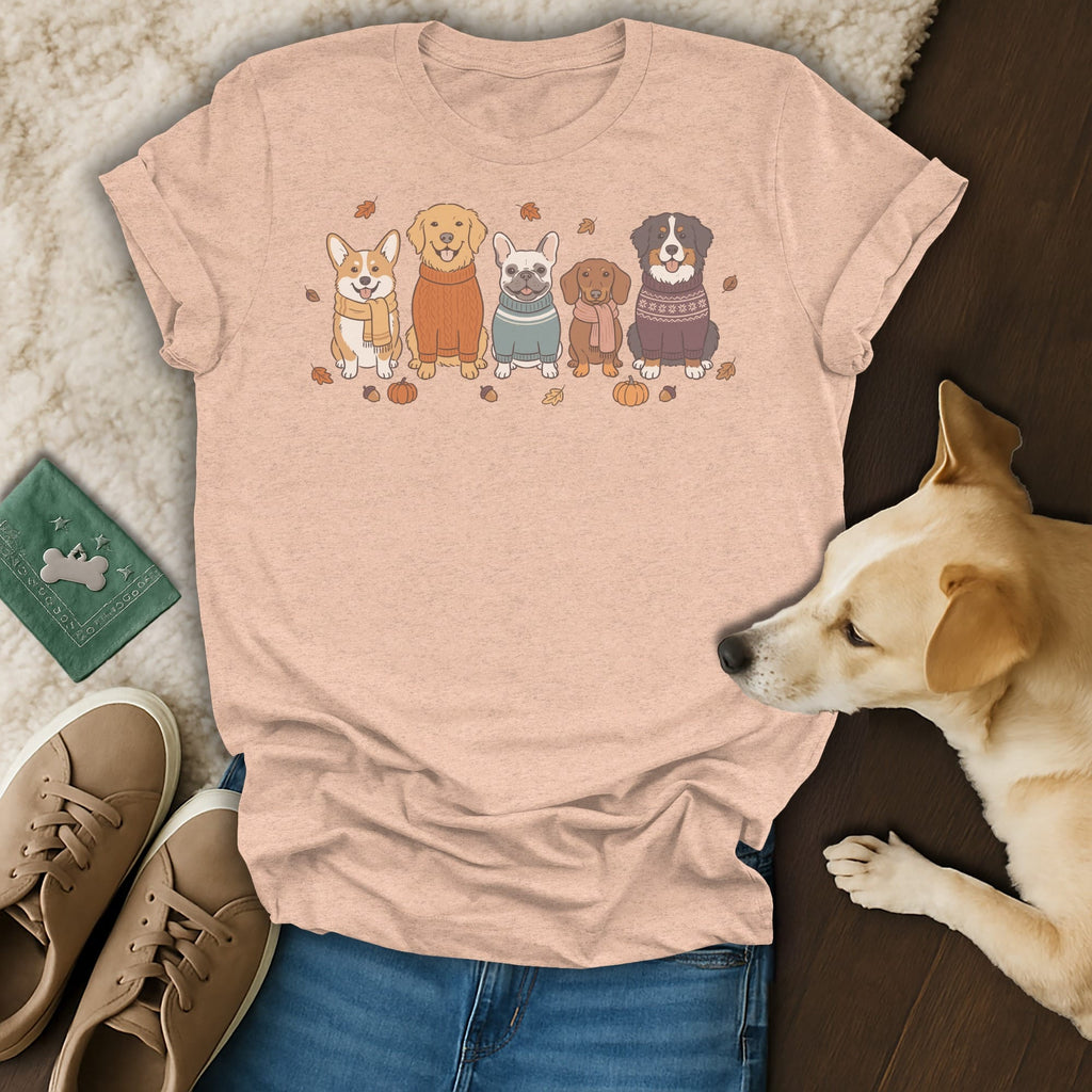 T-shirt with a cartoon illustration of five dogs in sweaters, pumpkins, acorns, and autumn leaves.