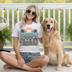 Woman in t-shirt with dogs and "My Cruise Shirt" text, sitting with golden retriever.