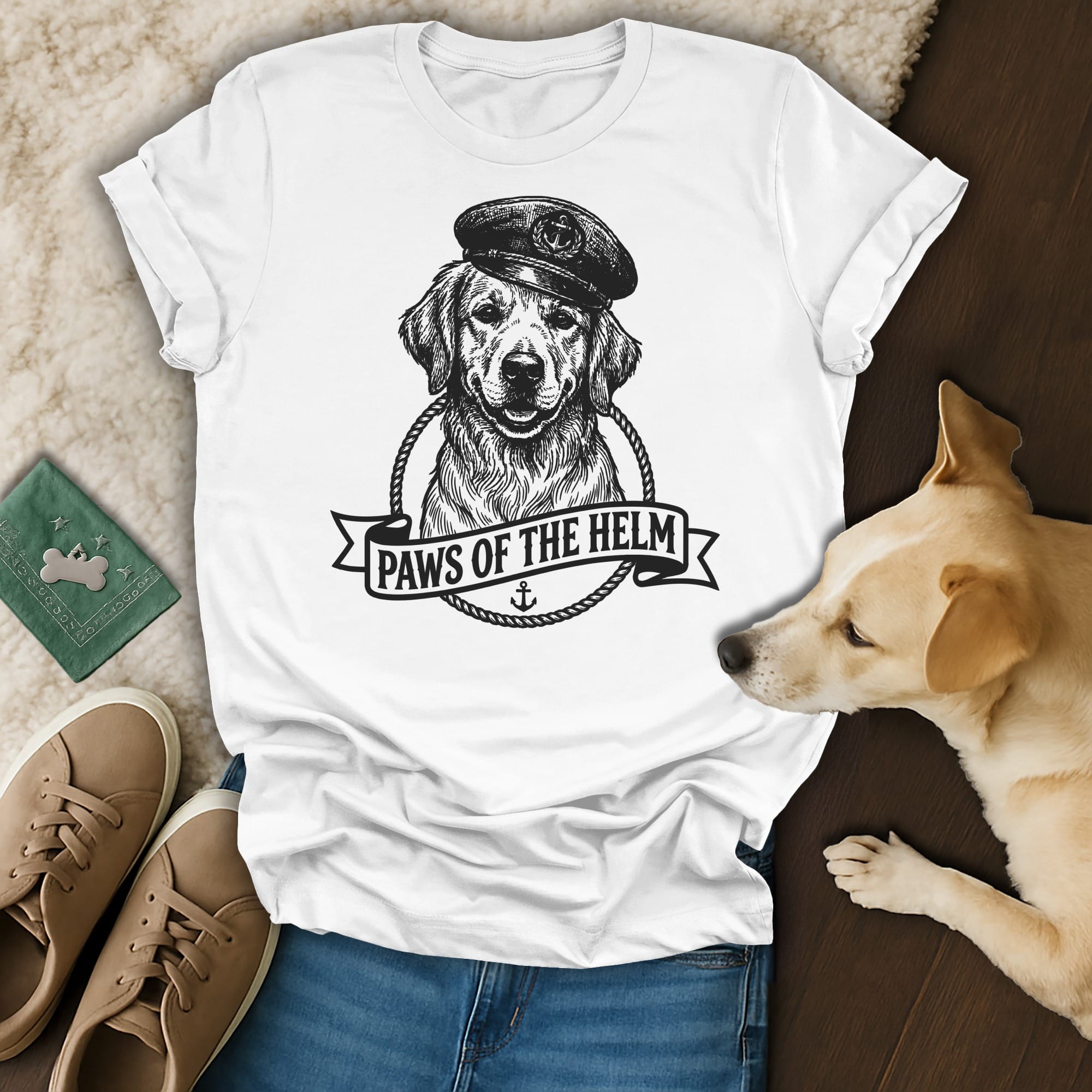 Golden Retriever wearing a sailor cap, "Paws of the Helm" text.