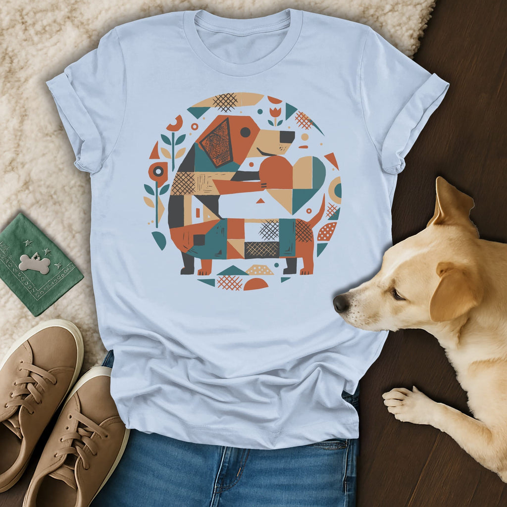 Dachshund graphic t-shirt with geometric pattern on light blue fabric.