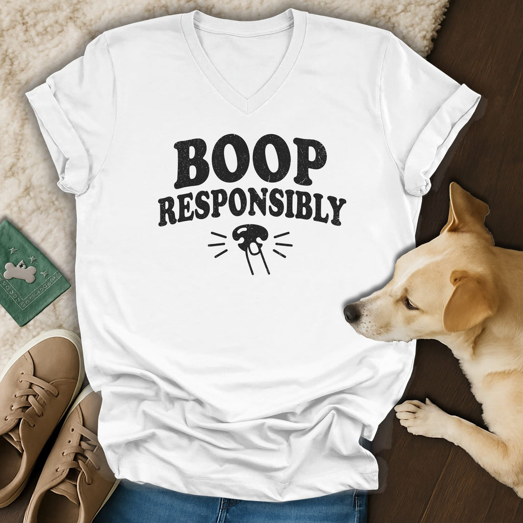 White t-shirt with black text "BOOP RESPONSIBLY" and a dog graphic.