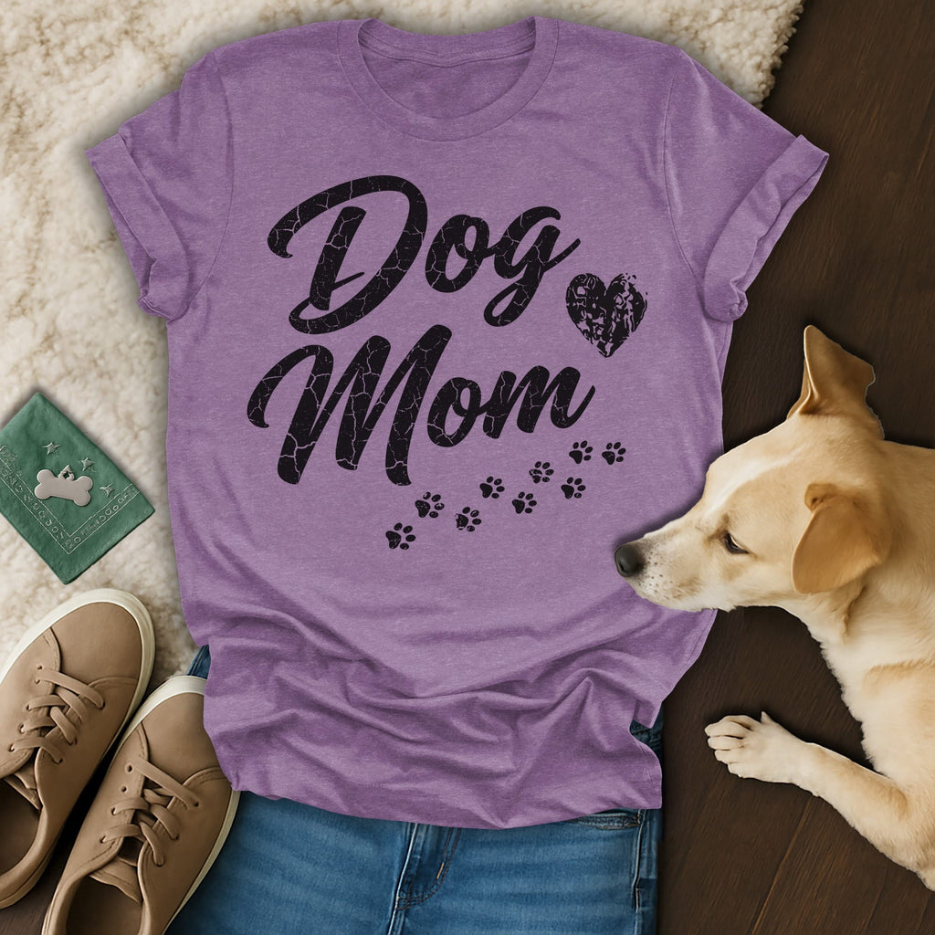 Purple "Dog Mom" t-shirt with paw prints and a dog.