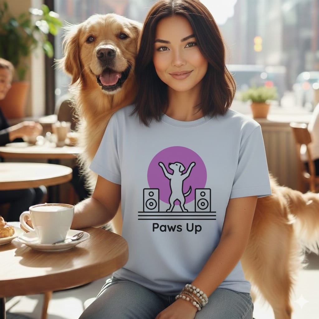 Woman and golden retriever at a cafe, wearing t-shirt with "Paws Up" and music note design.