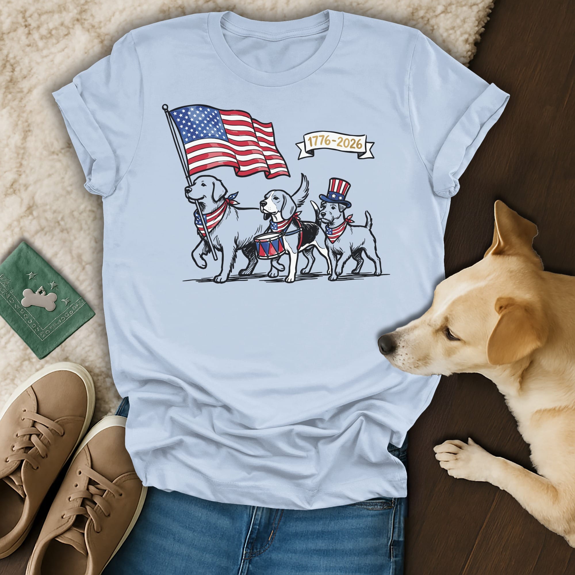 Three dogs in patriotic attire march with a flag and drum.