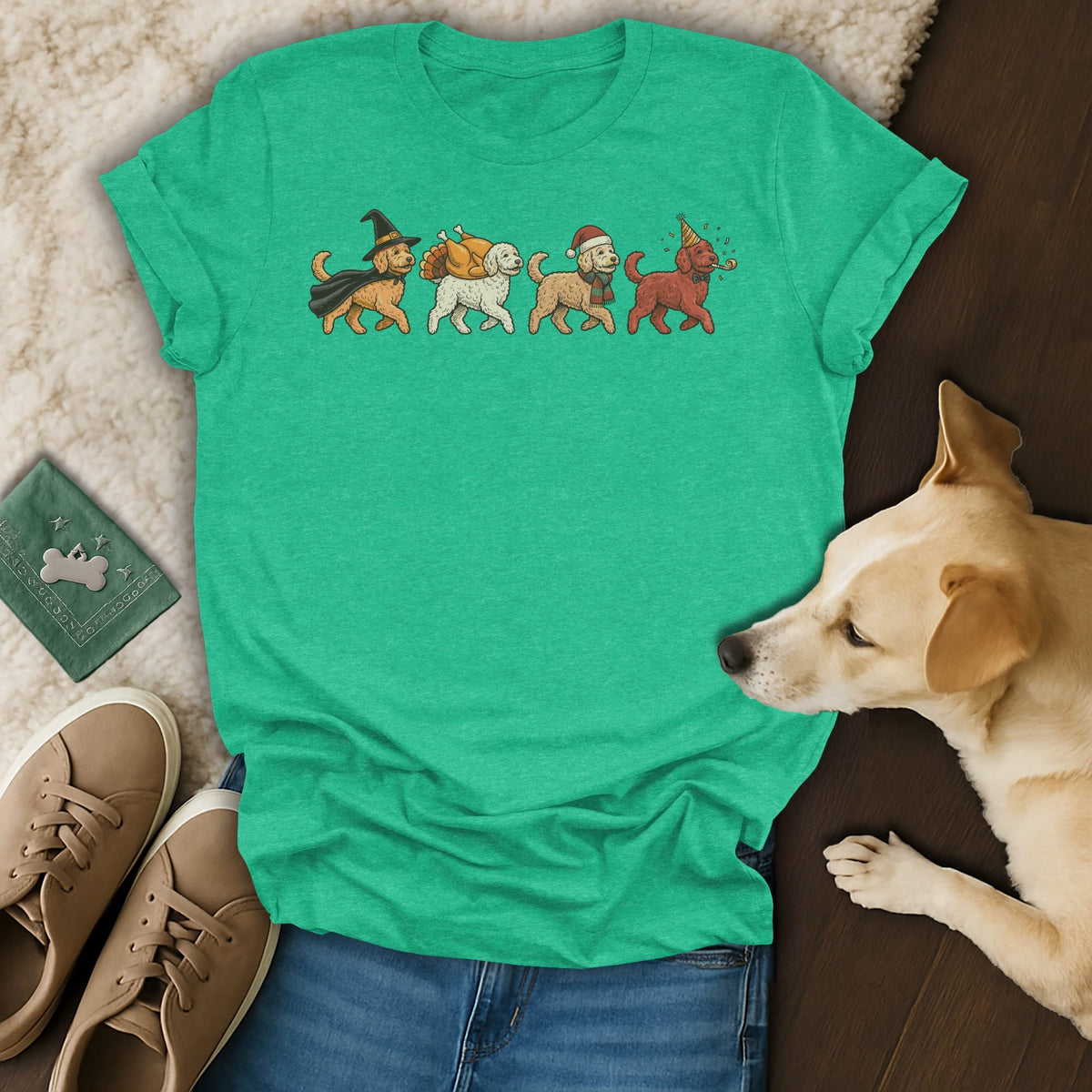 Green t-shirt with cartoon dogs dressed for Halloween, Thanksgiving, and Christmas.