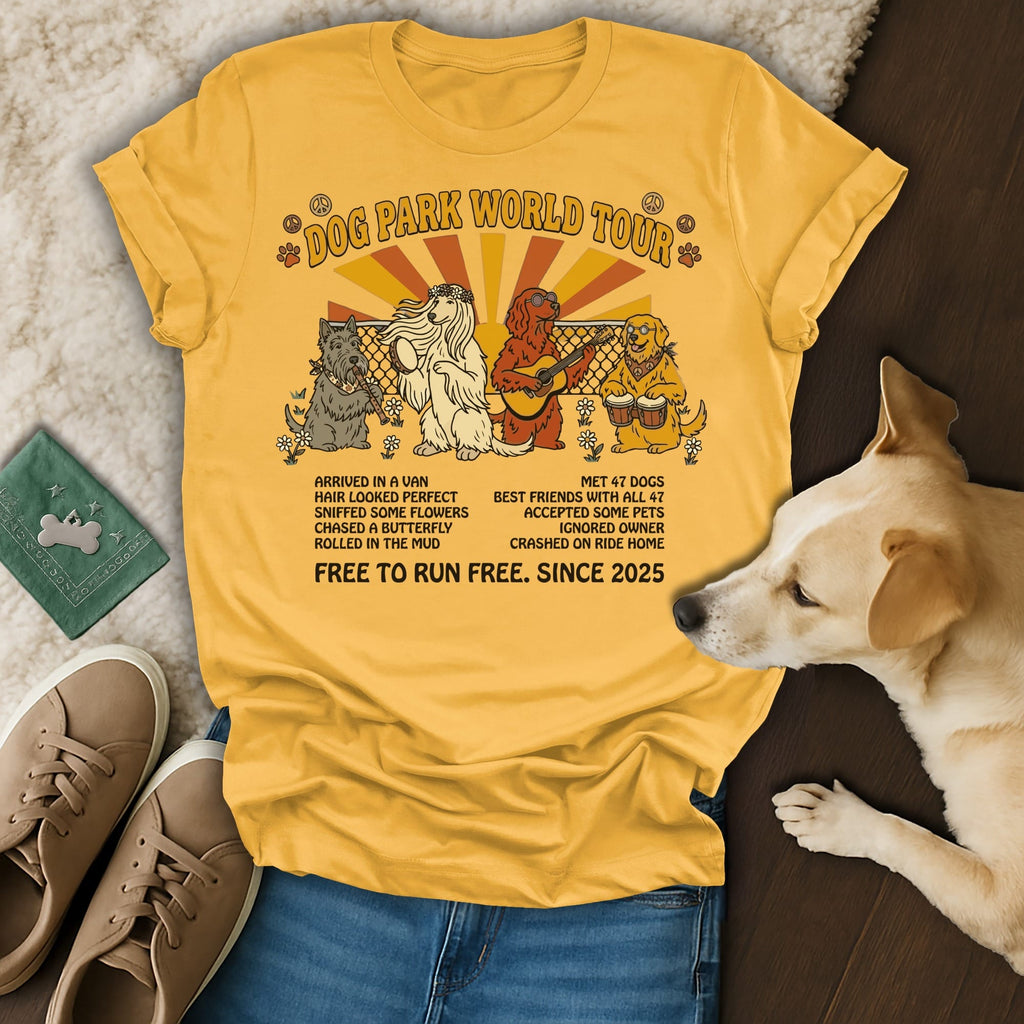 Yellow t-shirt for "Dog Park World Tour" with dogs and text about dog activities.