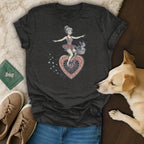 T-shirt with a vintage circus girl on a unicycle with a dog in the basket.