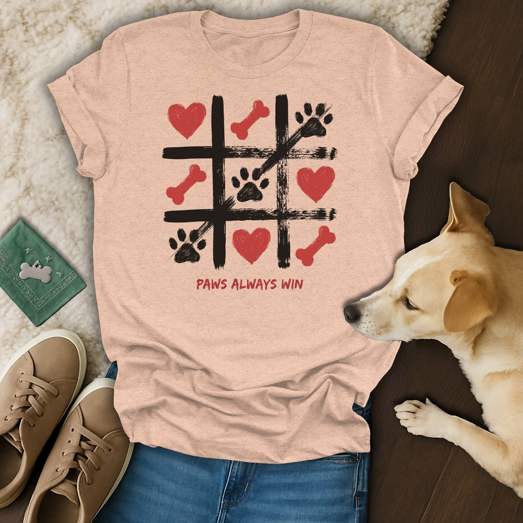Peach t-shirt with tic-tac-toe design featuring paw prints, bones, hearts, and text.