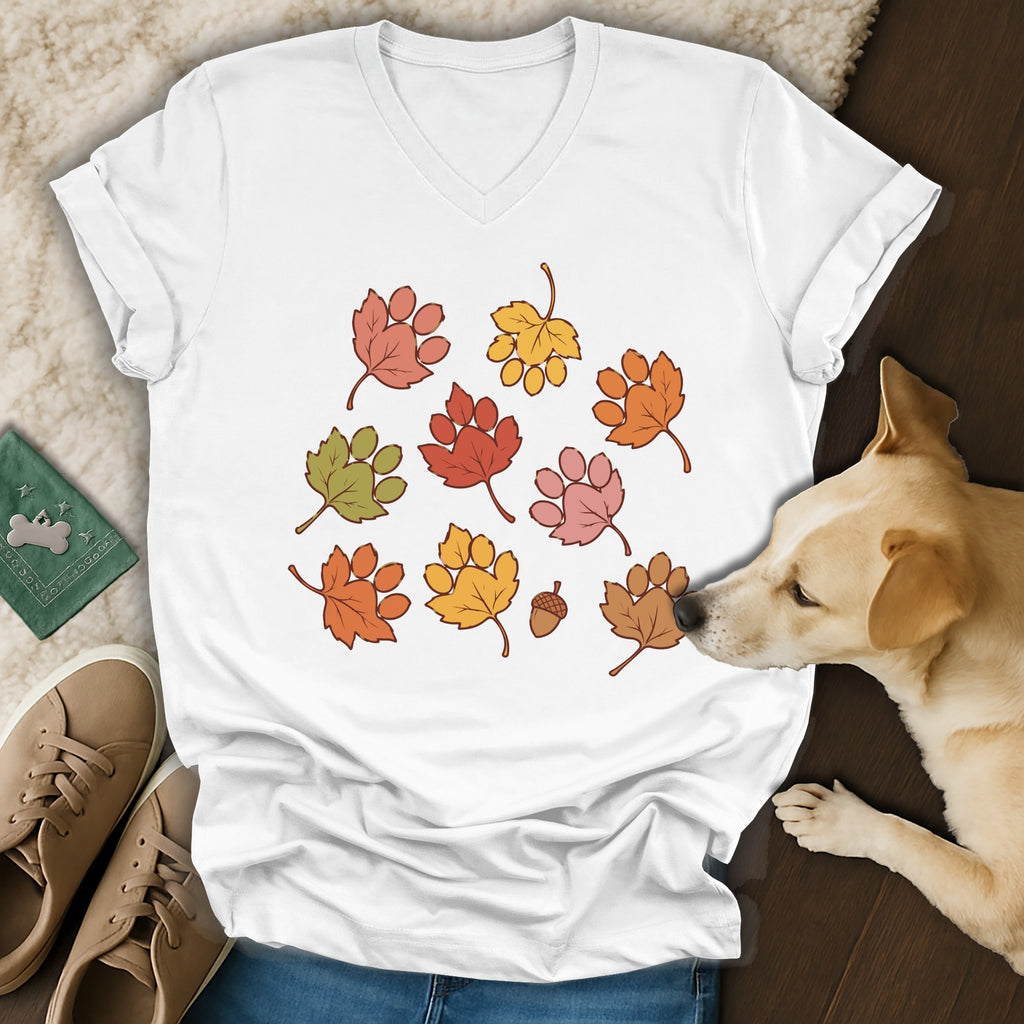 White V-neck t-shirt featuring a colorful graphic of autumn leaves shaped like paw prints, displayed with shoes and a dog.
