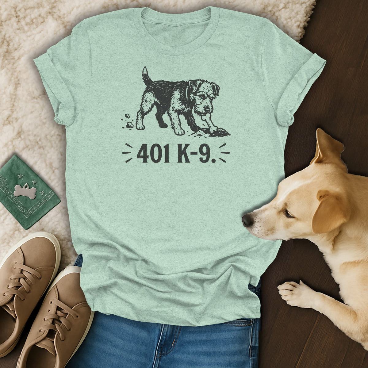 Light green t-shirt with a dog digging up a bone and text "401 K-9.".