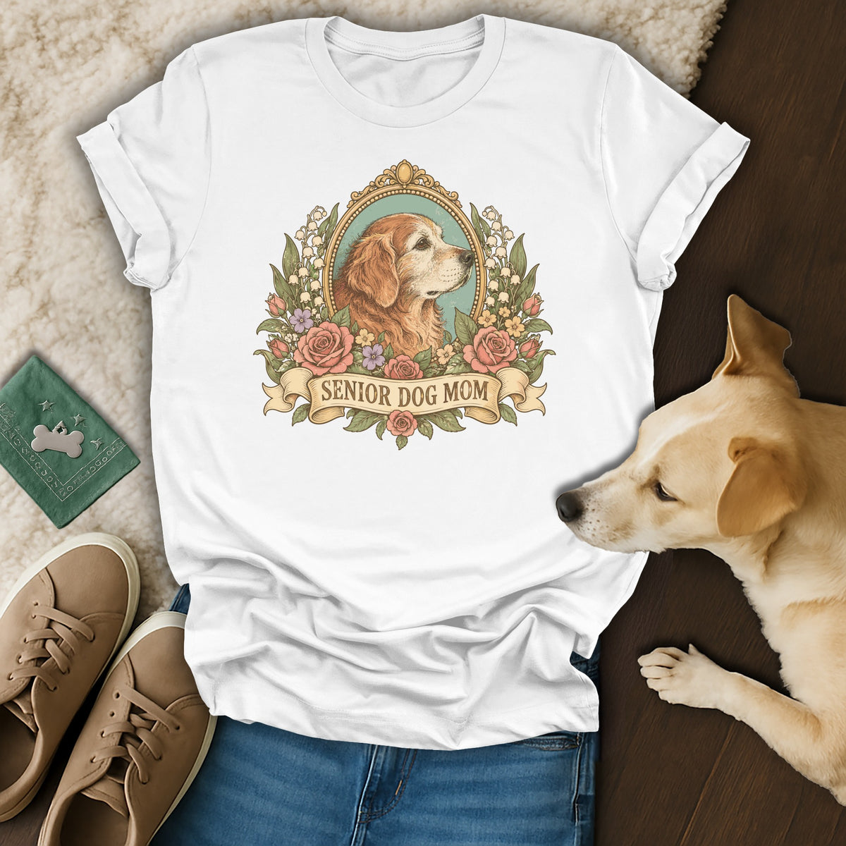 A white crewneck t-shirt featuring a vintage floral graphic with the text Senior Dog Mom.