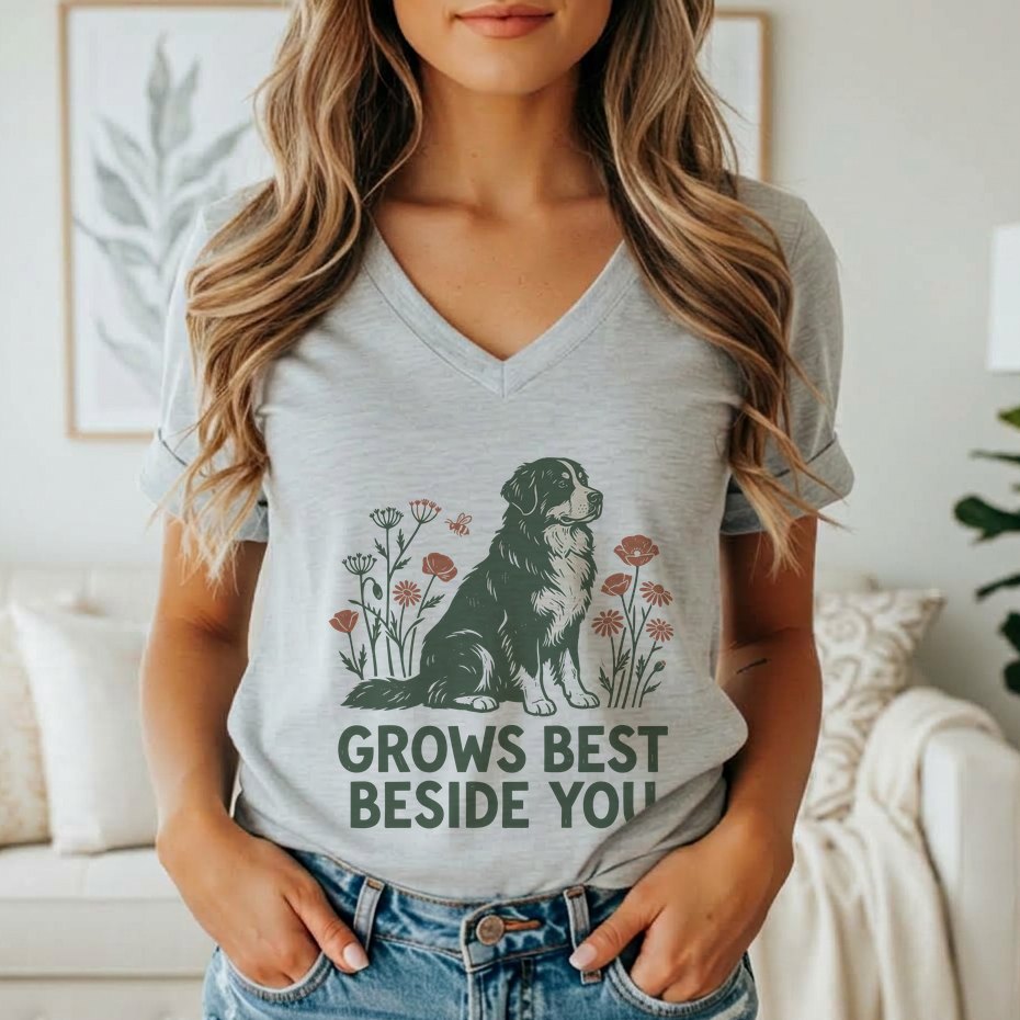 A woman wears a grey V-neck t-shirt featuring a graphic of a dog and flowers with the text GROWS BEST BESIDE YOU.