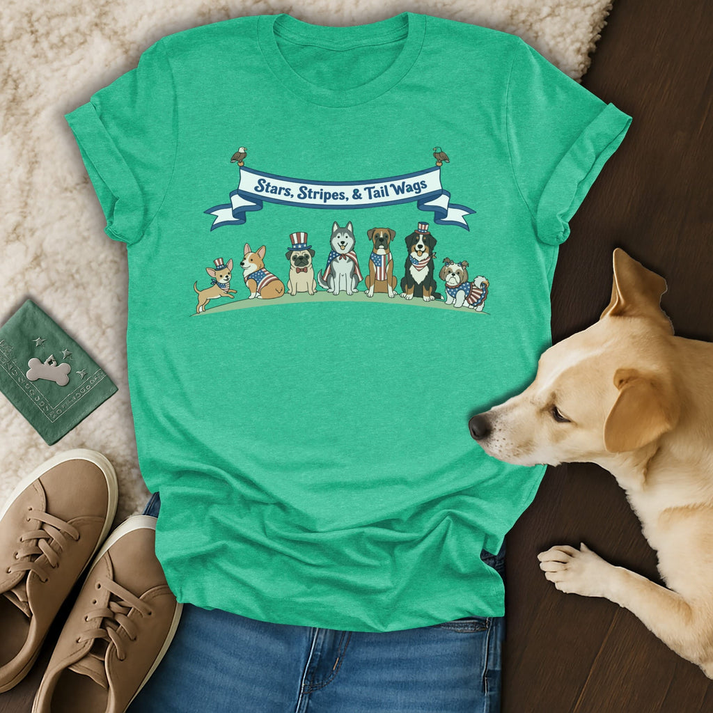Green t-shirt with patriotic dogs wearing hats and a banner saying "Stars, Stripes & Tail Wags".