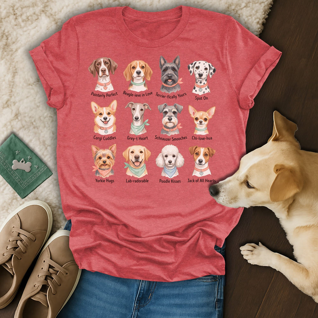T-shirt with dog breeds and humorous phrases.