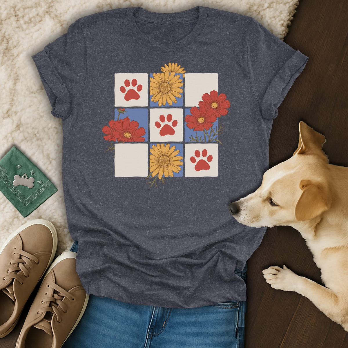 Dark grey t-shirt with a grid design of paw prints and flowers.