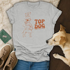 Light grey t-shirt with stacked dog illustration and "TOP DOG" text.