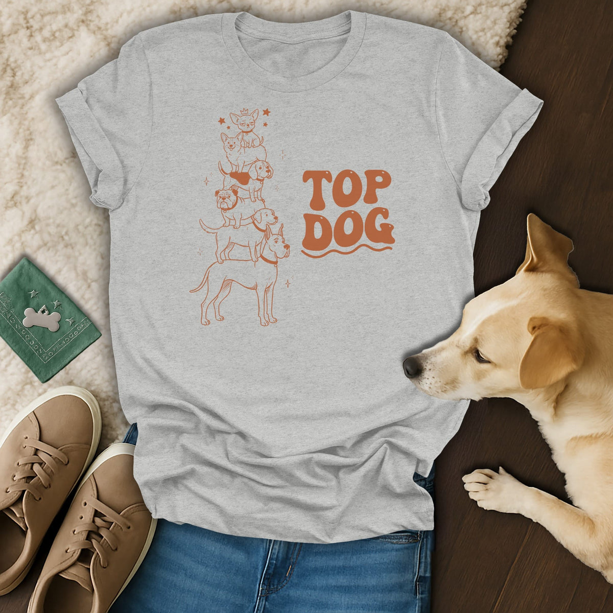 Light grey t-shirt with stacked dog illustration and "TOP DOG" text.