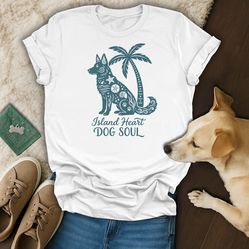 White t-shirt with teal dog and palm tree graphic and text.