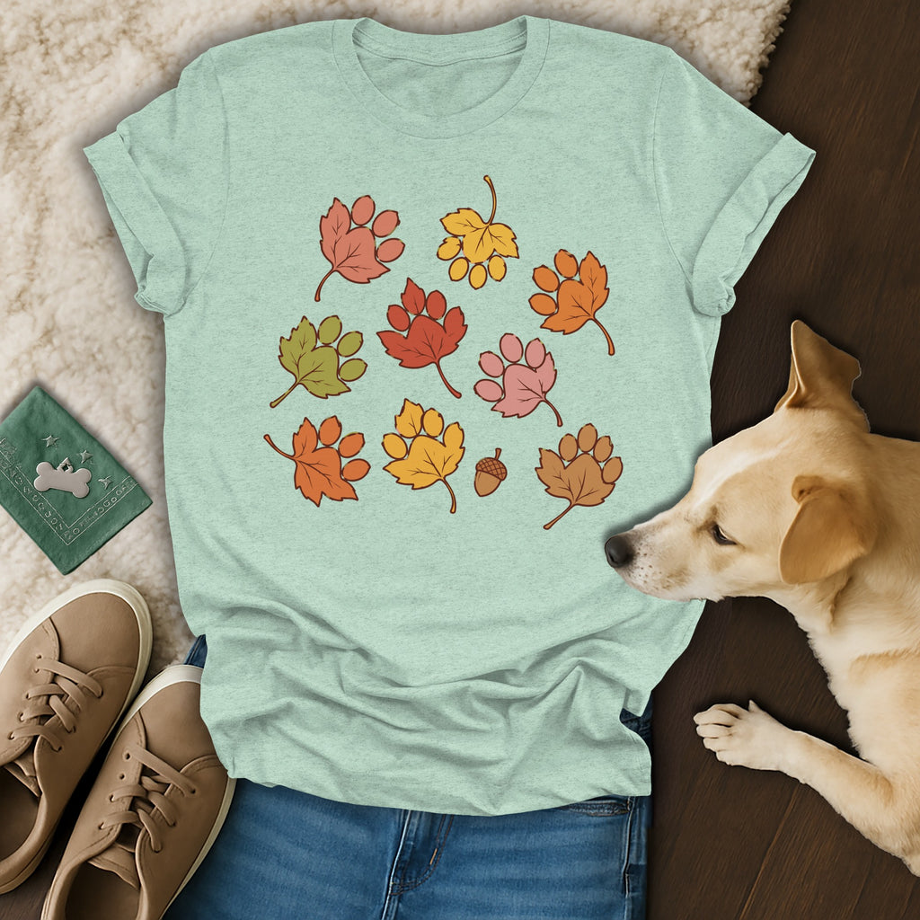 Light green t-shirt featuring a fall leaf paw print graphic, laid flat with a dog, jeans, sneakers, and accessories.
