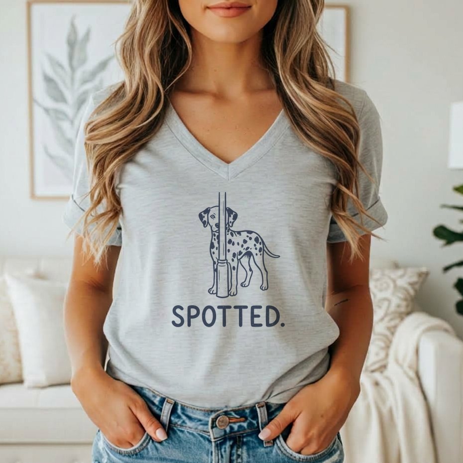 Dalmatian dog graphic with "SPOTTED." text on a gray v-neck t-shirt.