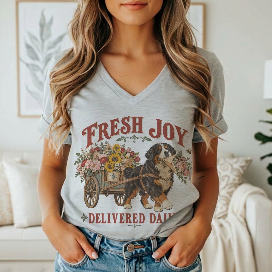 A gray v-neck t-shirt featuring a vintage graphic of a Bernese Mountain Dog pulling a flower cart.