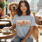 Woman with golden retriever wearing graphic t-shirt with dog illustrations.