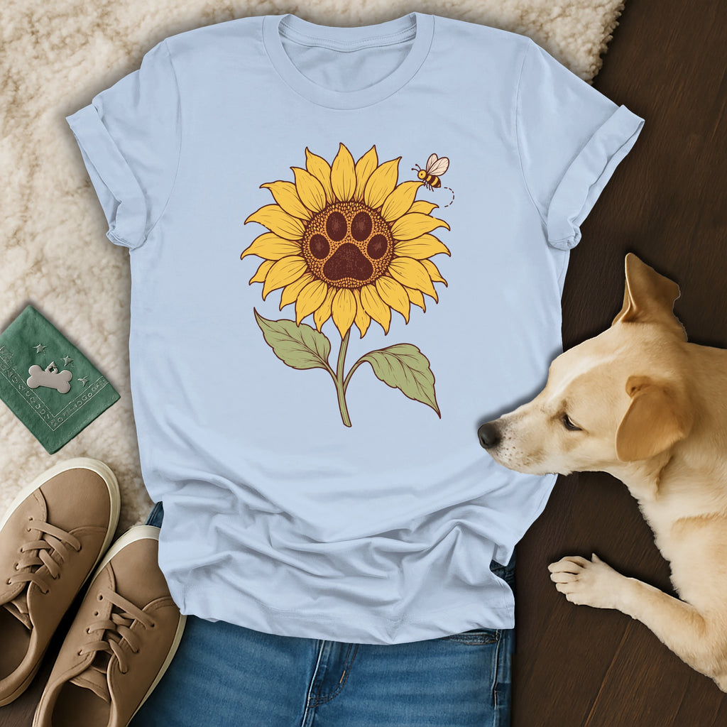 A light blue t-shirt with a sunflower and paw print graphic, accompanied by a small dog and casual accessories.