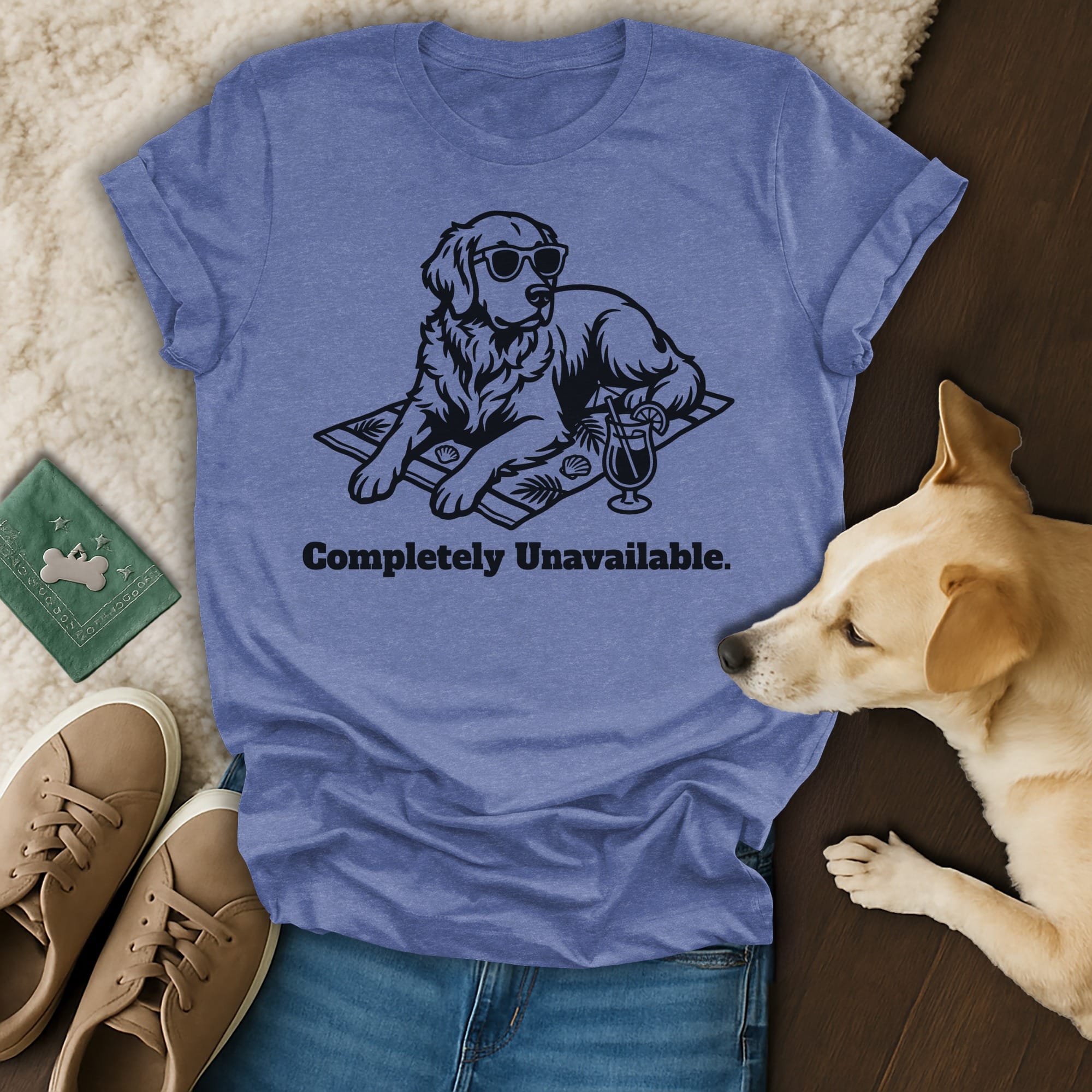 T-shirt with a dog wearing sunglasses on a towel, text "Completely Unavailable."