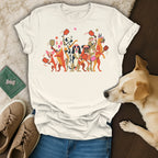 T-shirt graphic of dogs playing pickleball, a dog looking into the image.