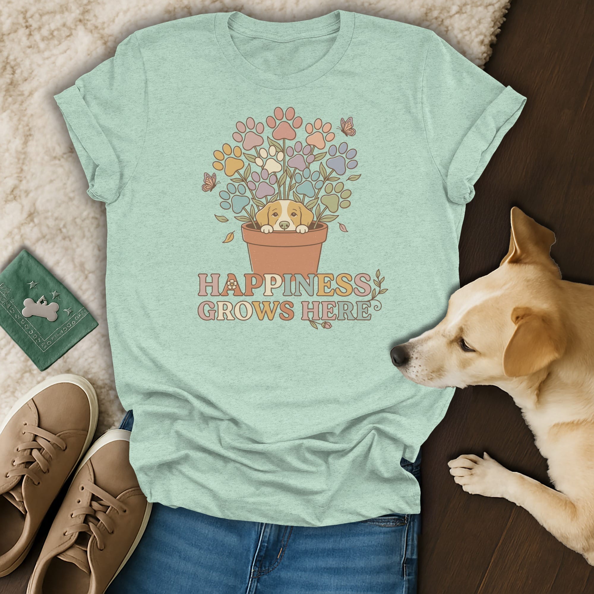 Light blue t-shirt with puppy, paw print flowers, butterflies, and "Happiness Grows Here" text.
