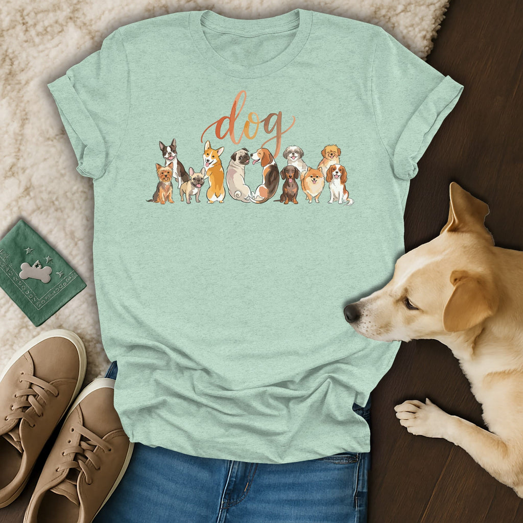 Mint heather t-shirt with gradient "dog" text and cartoon dog illustration.