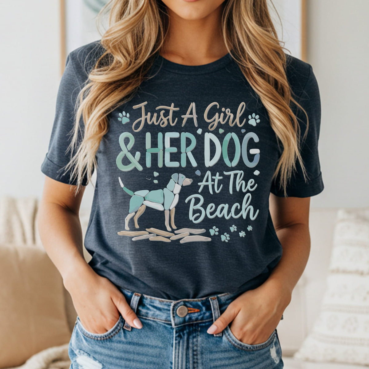Dark grey t-shirt with "Just A Girl & Her Dog At The Beach" text and beach dog graphic.
