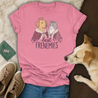 Pink t-shirt with illustrated dog and cat wearing crowns and robes, saying "best FRENEMIES".