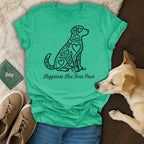 Green t-shirt with black dog silhouette made of hearts and the text "Happiness Has Four Paws".