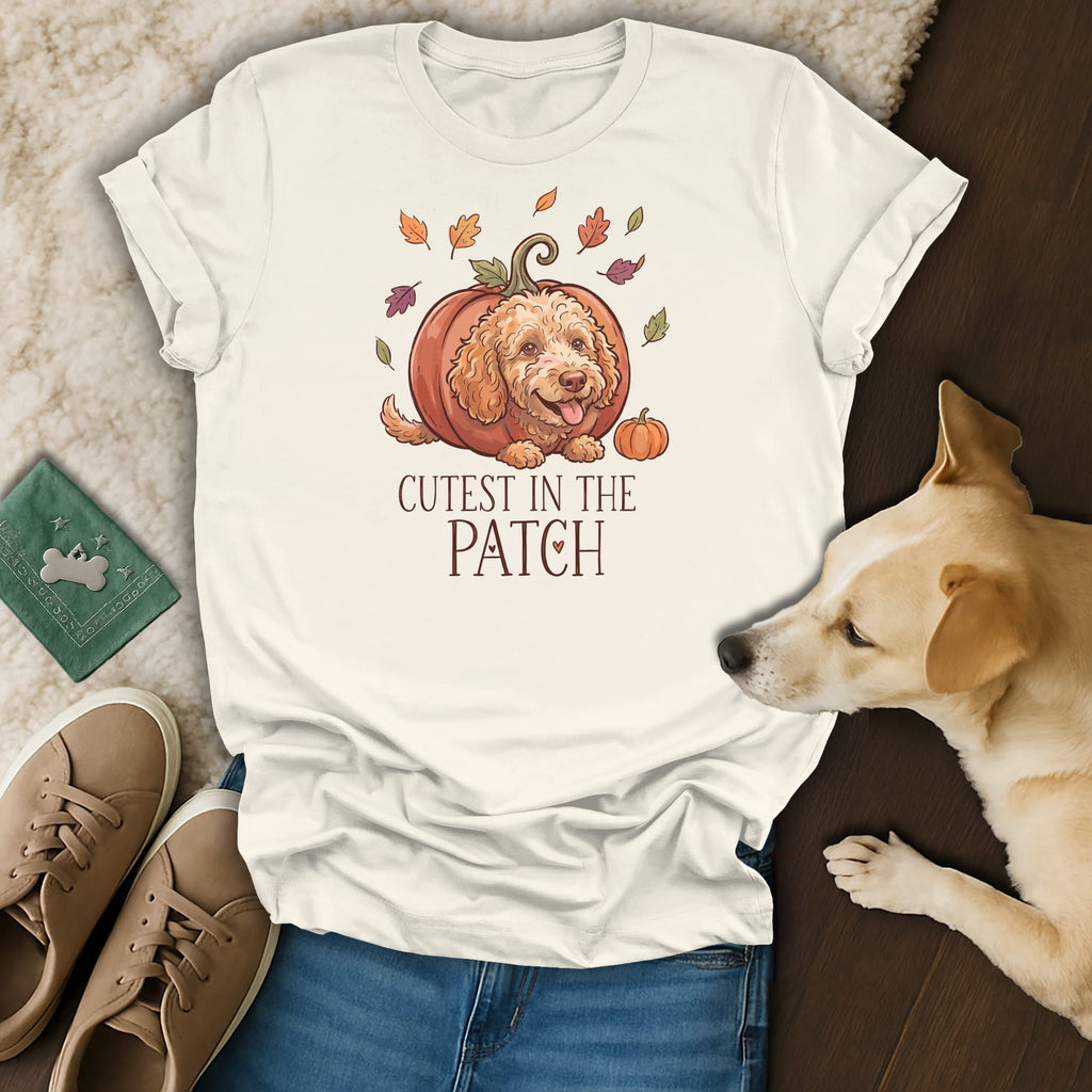 Cream t-shirt with a doodle dog in a pumpkin graphic and text "Cutest in the Patch."