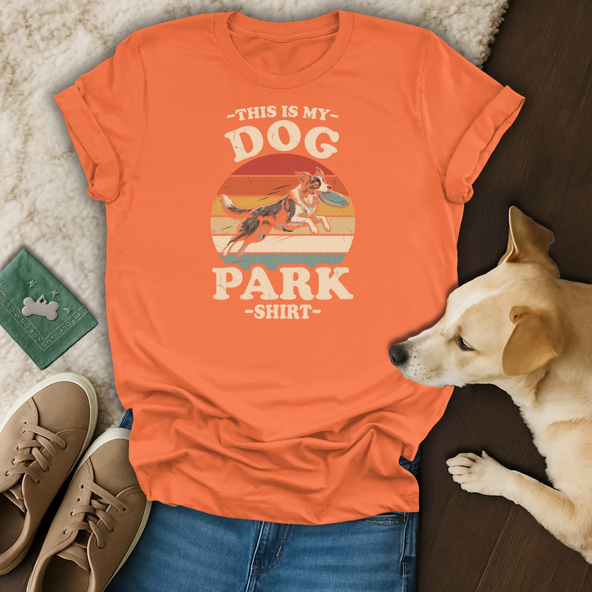 Orange t-shirt with "This is my dog park shirt" and dog playing frisbee graphic.