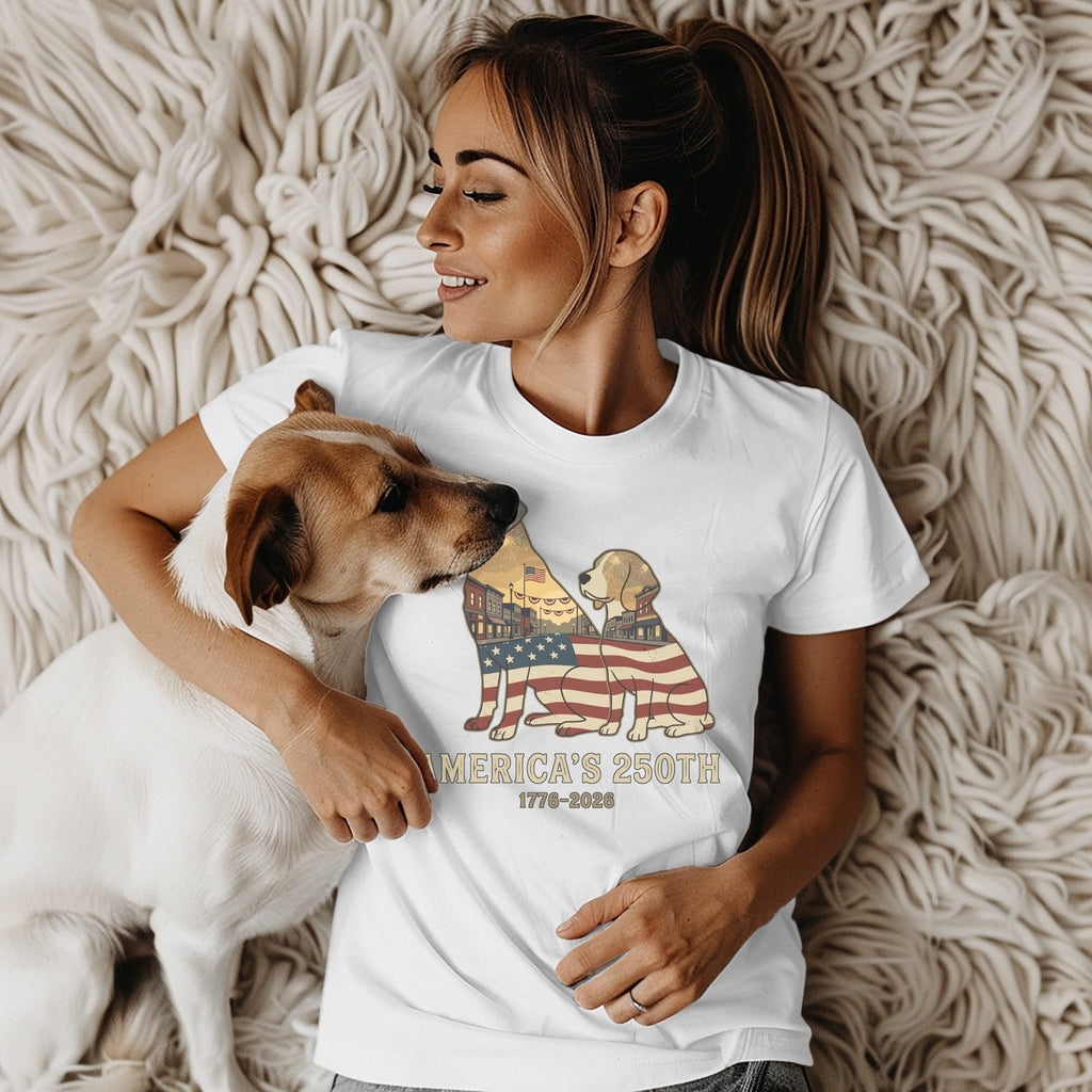 Woman wearing t-shirt with dog and American flag design.