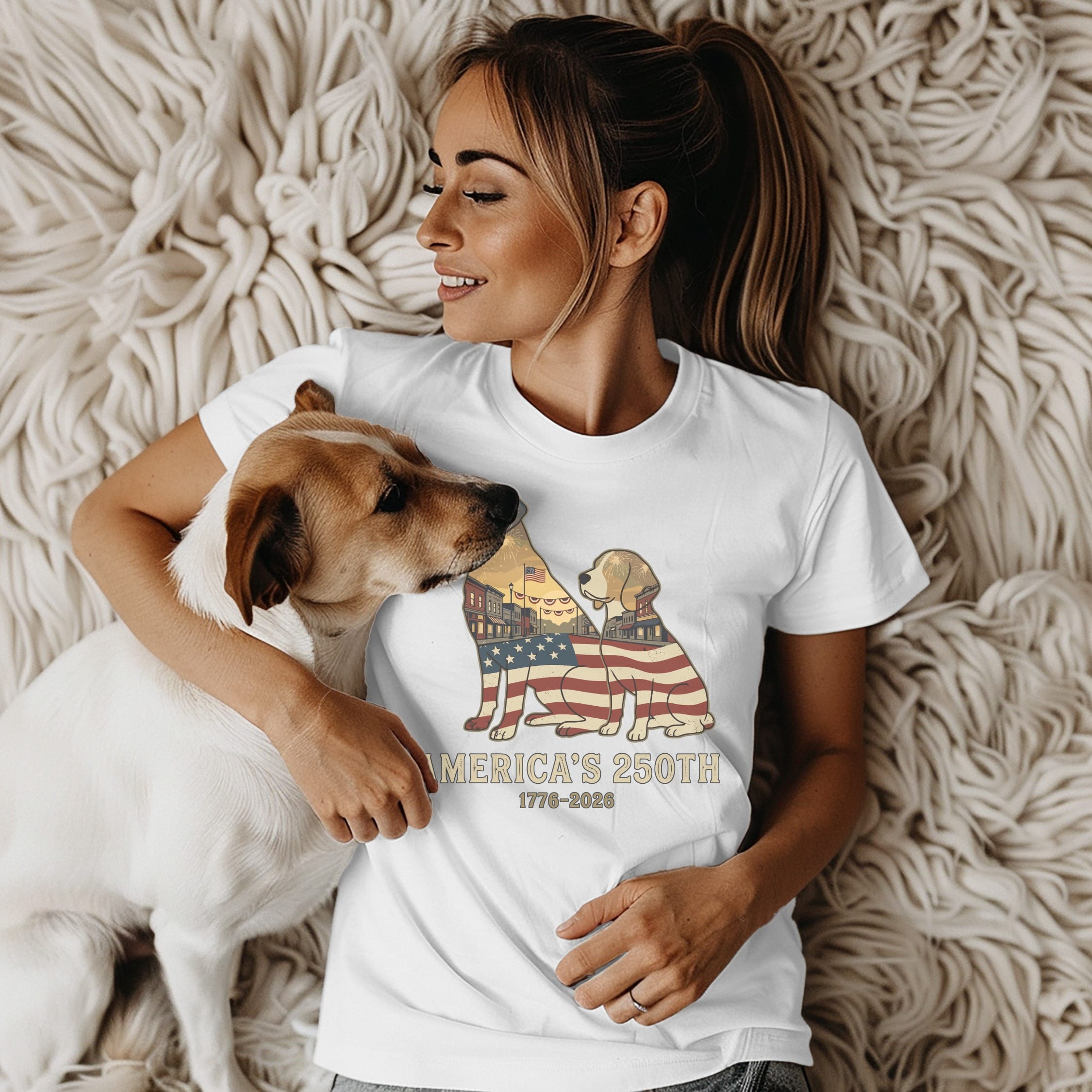 Woman wearing t-shirt with dog and American flag design.